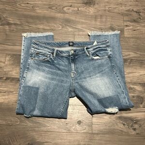 Gap girlfriend distressed patch jeans with raw hem